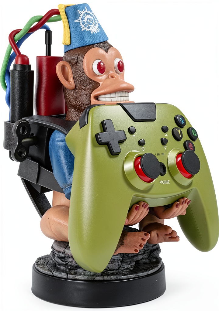 'Call of Duty Monkey Bomb figure holding a smartphone on a desk'