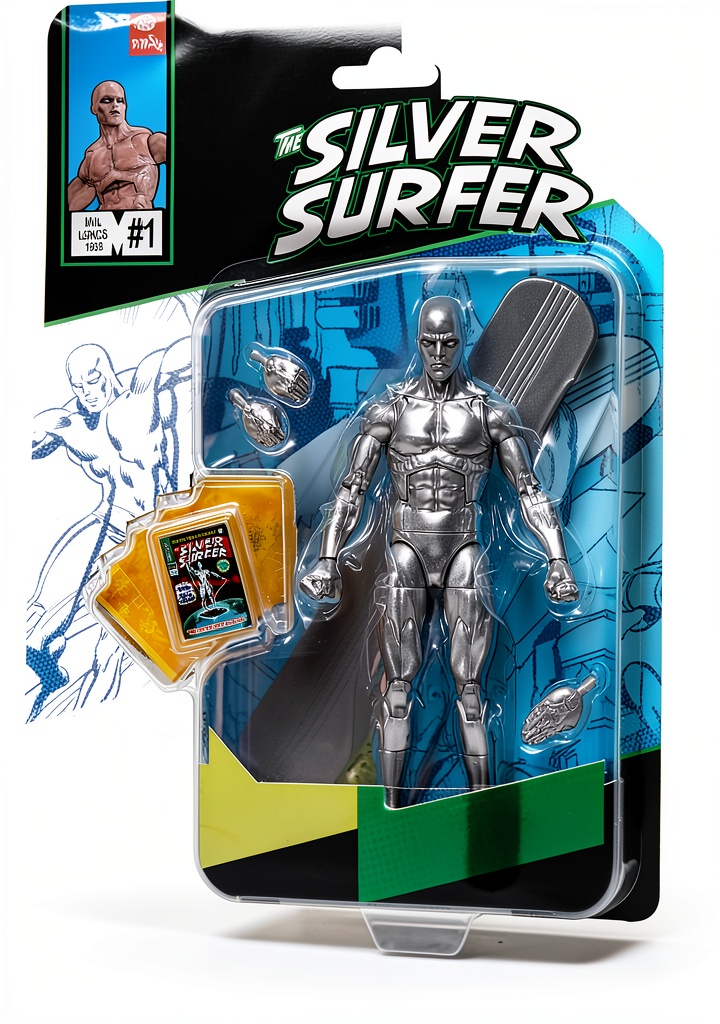 Silver Surfer action figure displayed with surfboard and comic accessory