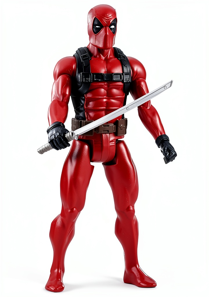 Deadpool action figure posed with sword accessory on a display shelf