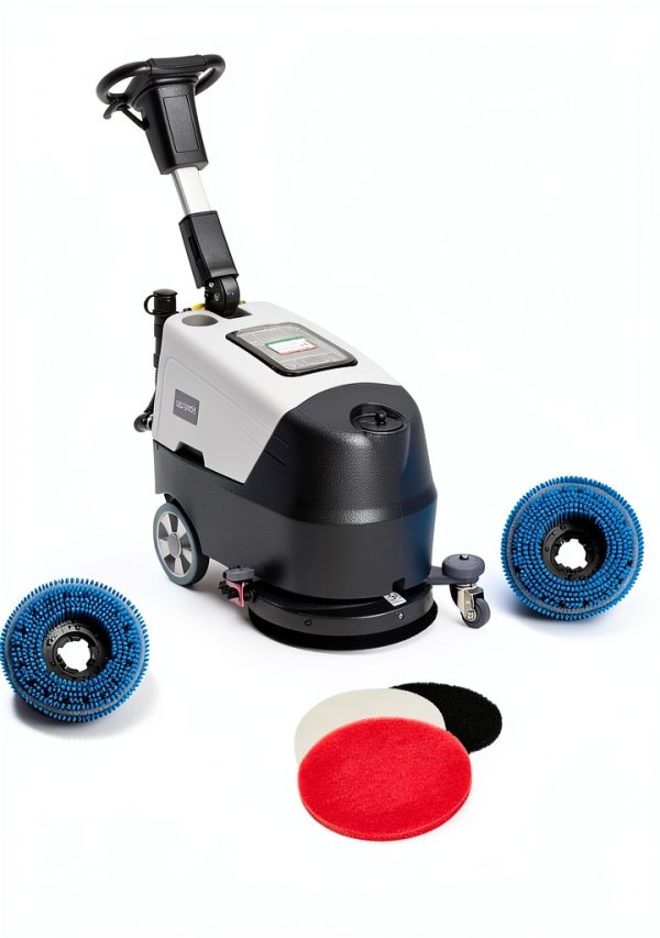 Battery Powered Walk Behind Floor and Carpet Scrubber Buffer Polisher Machine, 16" Brush, 21.5" Squeegee Width, 6.5 gal Tank, Brush Speed 200 RPM, Includes a Hard Brush Soft Brush and 3 Scouring pads-0